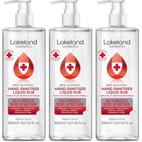 80% Alcohol Hand Sanitiser Rub - 3x 500ml - Kills 99% Bacteria, Germs - Sanitizer