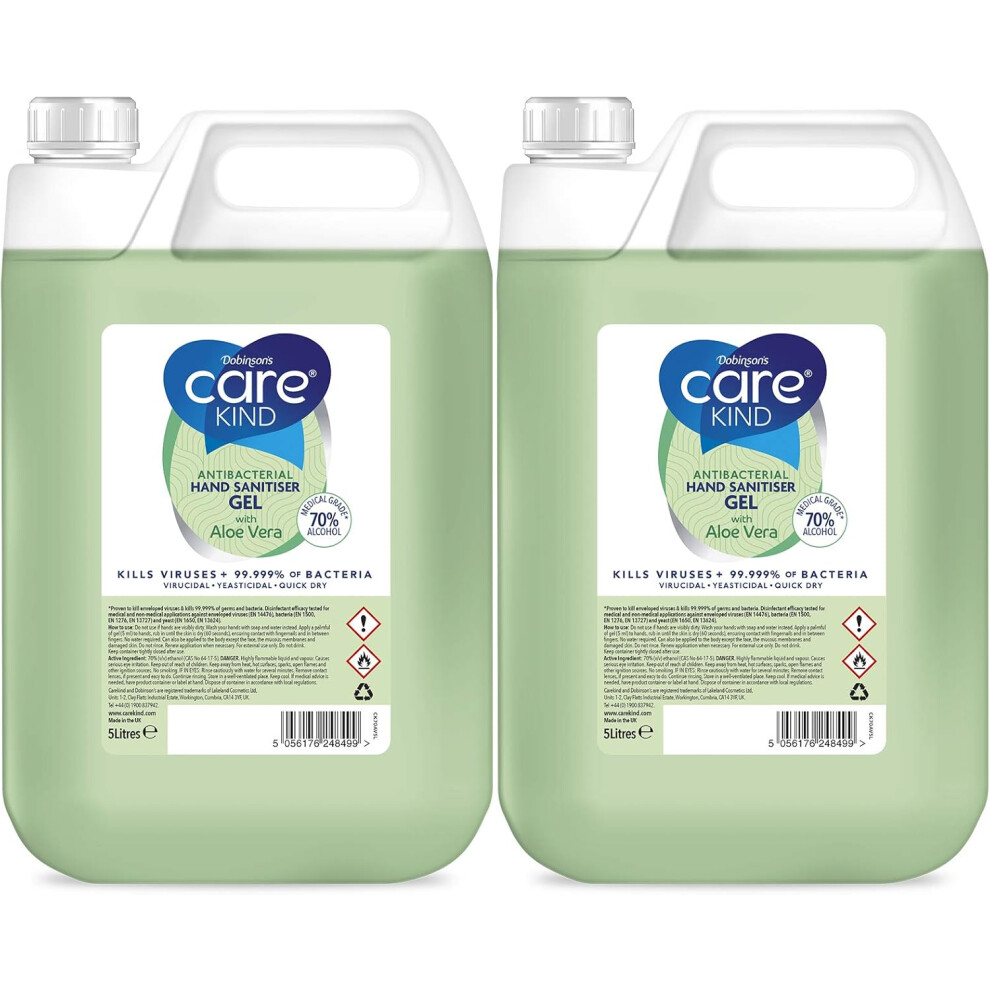 Lakeland Cosmetics Carekind 70% Hand Sanitiser Gel 5 Litre - With Aloe Vera Extract - Antibacterial Hand Sanitizer Gel With Medical Grade Alcohols (Pack Of 2)