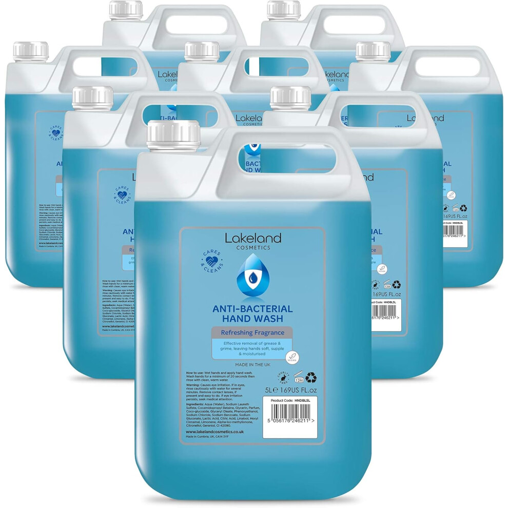 Lakeland Cosmetics Antibacterial Soap Hand Wash 5L Litre Refill Bottle Vegan Fragranced Anti-Bacterial Liquid Soap Hand Wash Made In Uk 8X 5 Litre