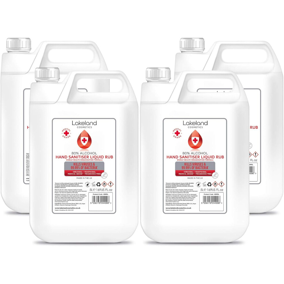 Lakeland Cosmetics 80% Alcohol Hand Sanitiser Liquid Rub - 4X 5L Litre - Kills 99% Bacteria, Germs - Sanitizer Lakeland Cosmeticspack Of 4)