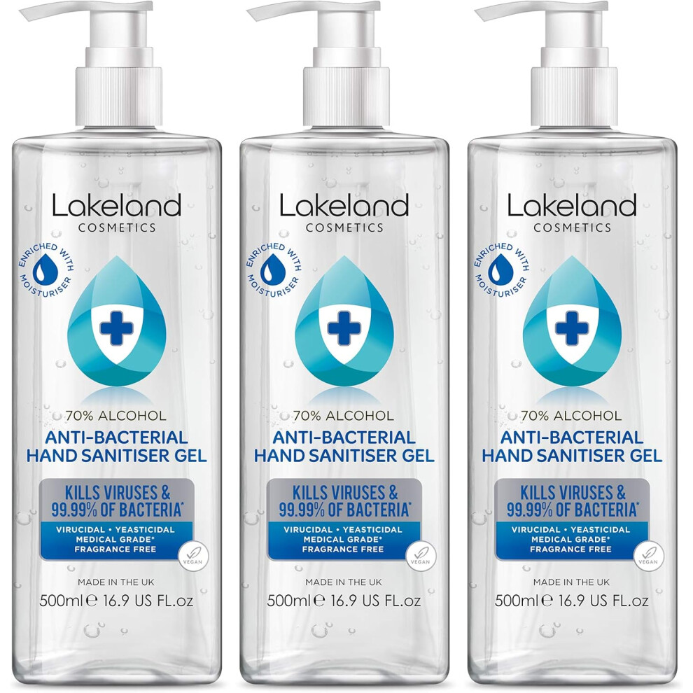 Lakeland Cosmetics Hand Sanitiser Gel 3 X 500Ml With Pump Bottle - 70% Alcohol Surgical/Medical Grade - Anti-Bacterial Hand Hygiene Gel Rub, Sanitizer.