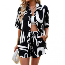 (S, Black) Women's 2 Piece Outfit Sets Shirt Tracksuit Drawstring Casual Shorts Set For Casual Daily Outfits Multiple Sizes Available
