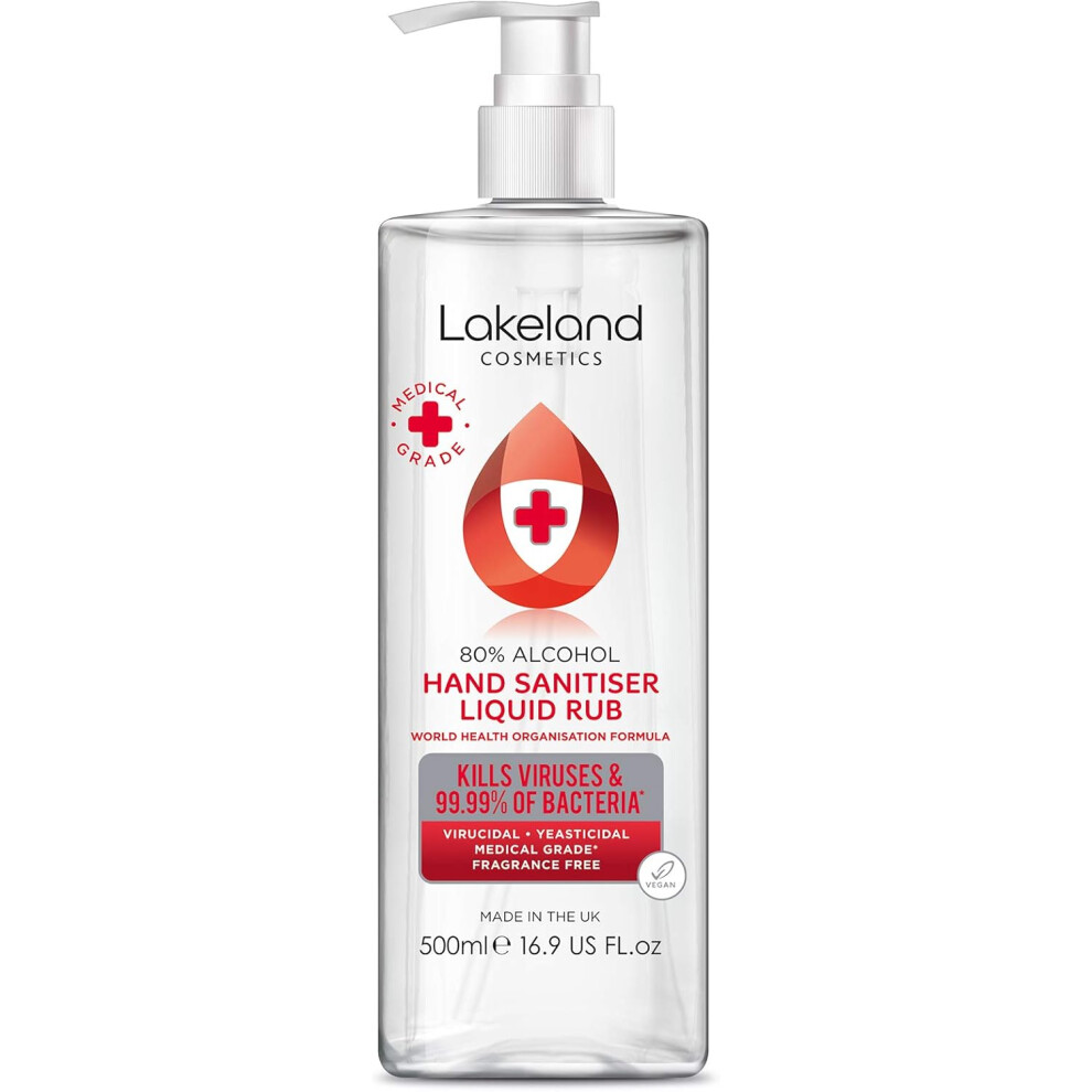 Lakeland Cosmetics 80% Alcohol Hand Sanitiser Rub 500Ml - Medical Grade, Kills 99.99% Bacteria & Viruses, Who Formula 1, Fast-Drying Hdr500ml