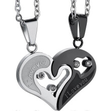 (Black) Men Women Stainless Steel I Love You Heart Rhinestone Puzzle Matching Pendant Couple Necklace Christmas Valentine Gift