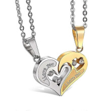 (Gold) Men Women Stainless Steel I Love You Heart Rhinestone Puzzle Matching Pendant Couple Necklace Christmas Valentine Gift