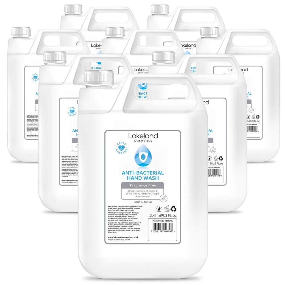 Lakeland Cosmetics Antibacterial Soap Hand Wash - 8X 5L Litre Refill Bottle - Vegan Anti-Bacterial Liquid Soap Hand Wash, Made In Uk (8X 5 Litre)