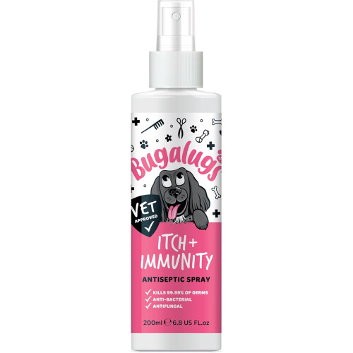 BUGALUGS Itch & Immunity Antiseptic Spray Helps Soothe Itchy Skin, Paws, Ears Licking, Scratching - Perfect for Small, Medium & Large Dogs