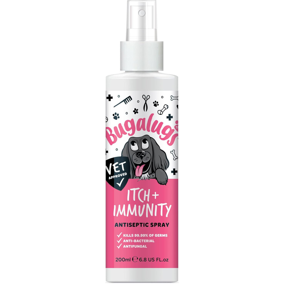 Bugalugs Itch & Immunity Antiseptic Spray Helps Soothe Itchy Skin, Paws, Ears Licking, Scratching - Perfect For Small, Medium & Large Dogs