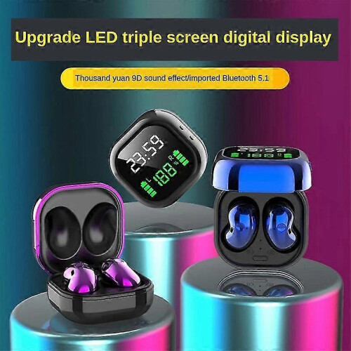 (Blue) S6plus True Wireless Stereo Bluetooth-compatible 5.1 Led Color Screen Hifi Wireless Mini Clock Earphones Multi-color Optional 2