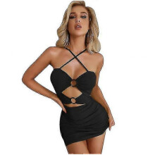 (S, Black) Summer Dress Women's Sexy Cutout Pleated Skinny Slip Dress