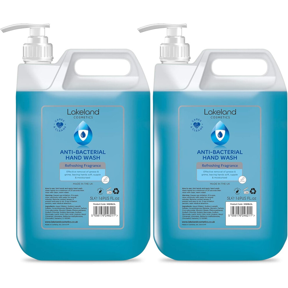 Lakeland Cosmetics Antibacterial Soap Hand Wash - 5L Litre With Pump - Fragranced Anti-Bacterial Liquid Soap Hand Wash, Made In Uk (Pack Of 2)