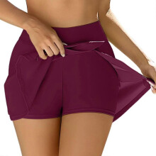 (M, claret) Women's summer swim skirt built-in swimming trunks high waist swimsuit two-piece swimming trunks