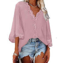 (Xxl, Pink) Lebanghui Women t shirt summer tops spring summer bell sleeve v-neck lace loose