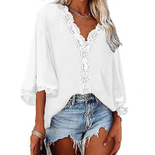 (S, White) Lebanghui Women t shirt summer tops spring summer bell sleeve v-neck lace loose