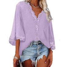 (L, Purple) Lebanghui Women t shirt summer tops spring summer bell sleeve v-neck lace loose