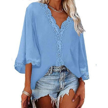 (Xxl, Sky blue) Lebanghui Women t shirt summer tops spring summer bell sleeve v-neck lace loose