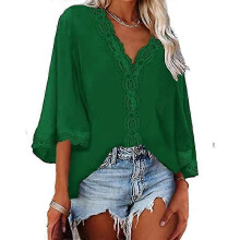 (Xl, Green) Lebanghui Women t shirt summer tops spring summer bell sleeve v-neck lace loose