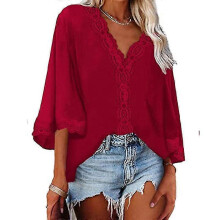 (Xxl, Wine red) Lebanghui Women t shirt summer tops spring summer bell sleeve v-neck lace loose