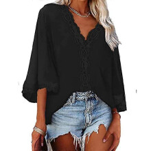 (L, Black) Lebanghui Women t shirt summer tops spring summer bell sleeve v-neck lace loose