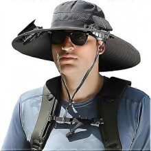 (Dark Gray) Outdoor Wide Brim Sun Hat with 2 Solar Fan, Sun Bucket Hat for Men Women UPF 50+, Bucket Fishing & Beach Hat with Built in Fan