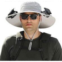 (Light Gray) Outdoor Wide Brim Sun Hat with 2 Solar Fan, Sun Bucket Hat for Men Women UPF 50+, Bucket Fishing & Beach Hat with Built in Fan