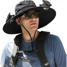 (Black) Outdoor Wide Brim Sun Hat with 2 Solar Fan, Sun Bucket Hat for Men Women UPF 50+, Bucket Fishing & Beach Hat with Built in Fan