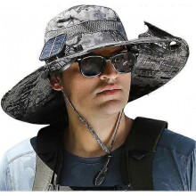 (Camouflage color) Outdoor Wide Brim Sun Hat with 2 Solar Fan, Sun Bucket Hat for Men Women UPF 50+, Bucket Fishing & Beach Hat with Built in Fan