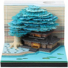 (blue) 3D Memo Pad Paper Carving Art with LED Lights, 3D Sticky Notes Convenience Post Notes DIY Marriage Tree Kawaii Notepad with Pen Holder