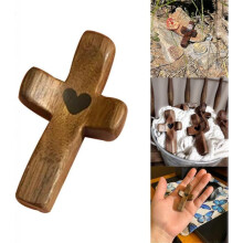 (4pcs) Cross My Heart Encouragement Gift, Handheld Wooden Cross Stress Relief Gifts Emotional Support Cross Religious Gifts for Praying