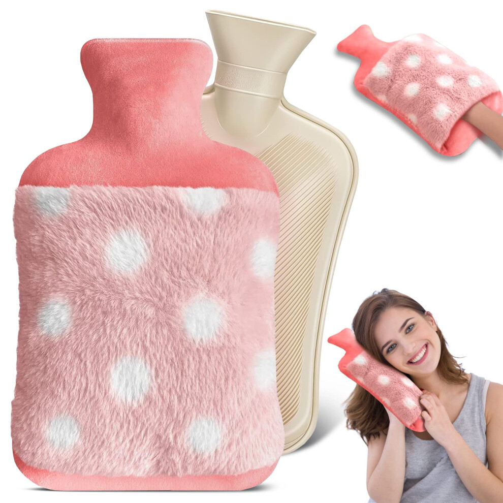 Hot Water Bottle 2L with Plush Cover, Washable Bed Bottle for Pain Relief, Soft Hand Warmer for Adults and Children