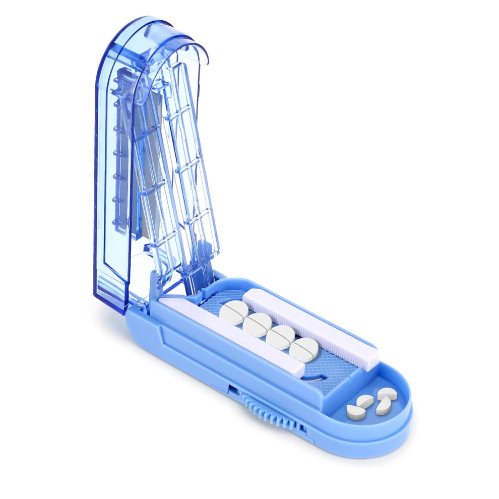 Blue Pill Splitter, Adjustable Tablet Cutter For Large And Small Pills, Precise Medication Divider With Storage Compartment,