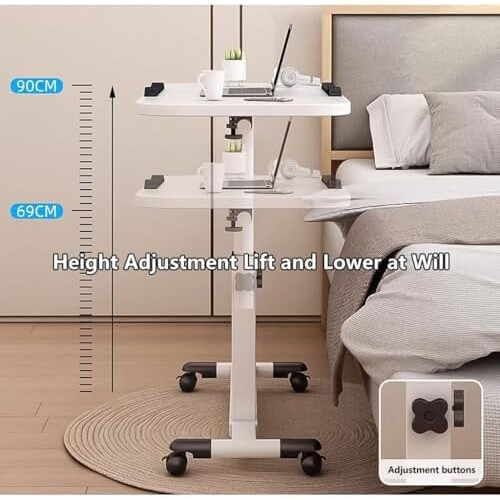 Adjustable Overbed Bedside Table with Wheels, Portable Rolling Desk, Height Adjustable Small Laptop Desk, White, Einheitsgröße 1