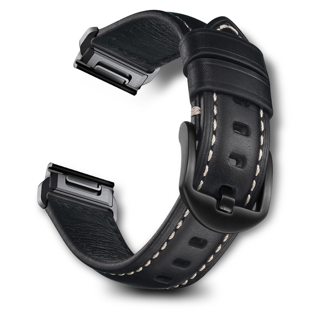 Oil-Wax Leather Watch Strap For Garmin FäNix Enduro Epix Quatix Marq - Quickfit 22Mm Compatible Strap For Men Women Black 6276012337524