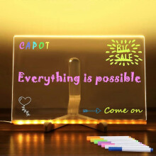(S - 15x15cm) Acrylic Dry Erase Board with Light, Light up Dry Erase Board with Stand as a Glow Memo LED Letter Message Board with 7 Colorful Pen