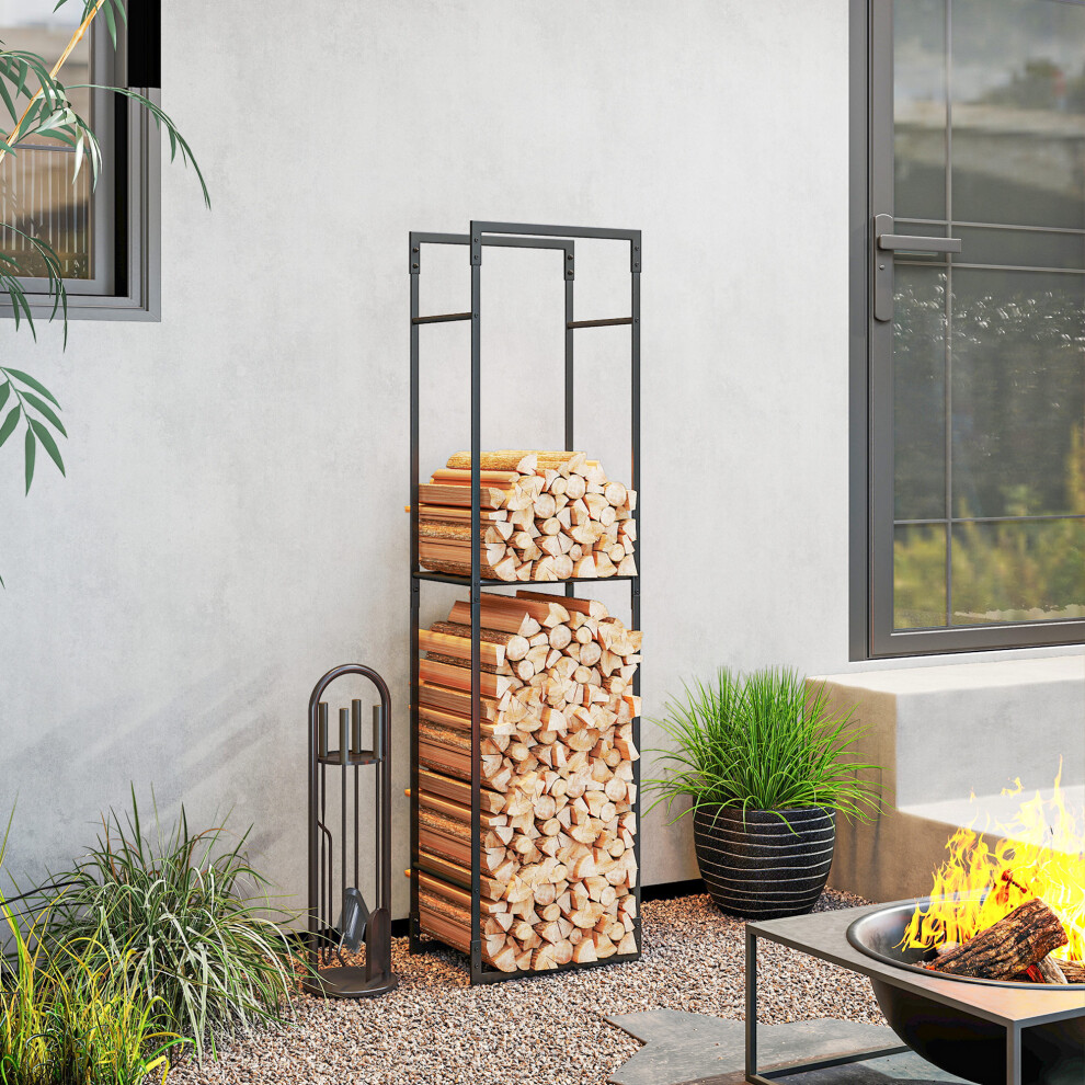 Outsunny Metal Firewood Log Holder, Firewood Rack With Adjustable Shelf