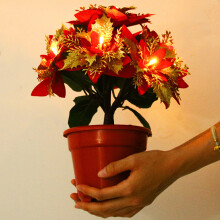 (Red) Tabletop Poinsettia Tree Light Christmas Plant With Lights Poinsettia Flowers Artificial Lighted For Holiday Party Centerpiece Table Decor Christmas