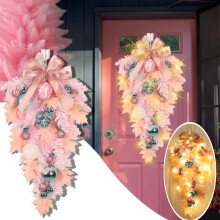 (Pink) Christmas Door Hanging Warm Light LED Christmas Painted Ball Upside Down Tree  Christmas Decoration Decoration Choice For Christmas