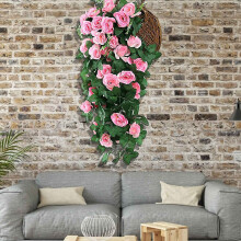 (Pink) Simulated Rose Bouquets Simulated Flower Wall Hanging Baskets Decorative Landscaping Artificial Flowers Rattan Home Decor Flowers