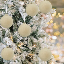 (Beige) 12 Pcs Velvet Christmas Balls  Flocked Christmas Tree Ball Ornaments Plastic Balls Xmas Decorative Hanging Ornaments Christmas Tree Decoration.36 Inch