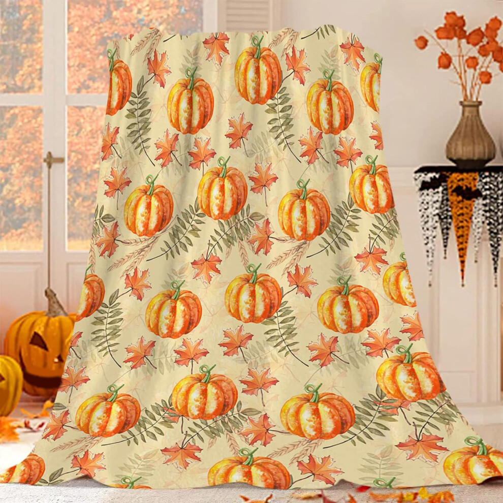 (Yellow) Maple Leaf Pumpkin Blanket Cute Pet Blanket Warm Cozy Soft Lightweight Flannel Blanket Pattern Thanksgiving Halloween Bed Sofa Decoration.-image-OPC-PJHNFR8-NEW