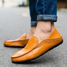(Yellow Brown, UK 10) MENS FAUX LEATHER SLIP ON LOAFERS CASUAL DRIVING MOCCASIN BOAT DECK SHOES SIZE