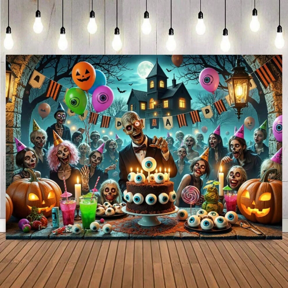 (Polyester 220x150cm, CH016375) Halloween Eve Photography Backgrounds Horror Night Moon Forest Castle Pumpkin Lights Skeleton Decor Family Party Banne-image-OPC-PJHNY67-NEW