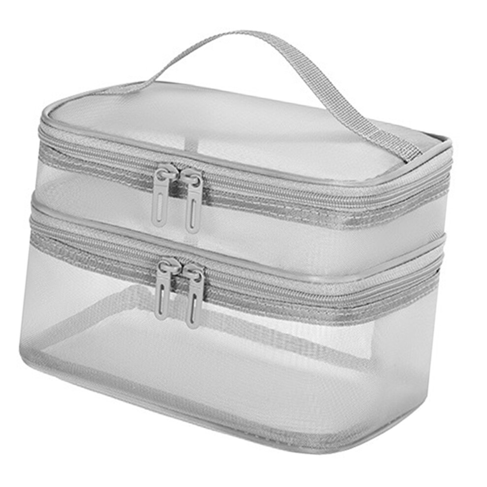 Grey Double Layer Pvc Cosmetic Bag, 22X14x15cm, Large Capacity
