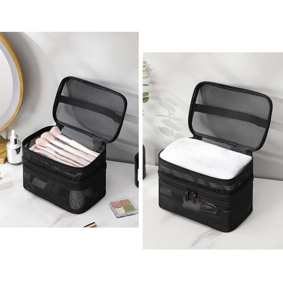 Black Double Layer Pvc Cosmetic Bag, Large Capacity, 22X14x15cm,