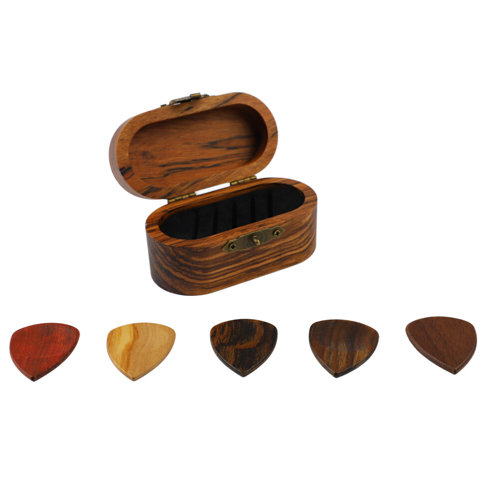 Wood Guitar Pick Box with 5 Picks Smooth Finish Lightweight Portable Case