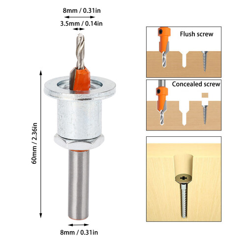 Silver 3.5 X 8mm Adjustable Depth Countersunk Bit for Wood Install 1