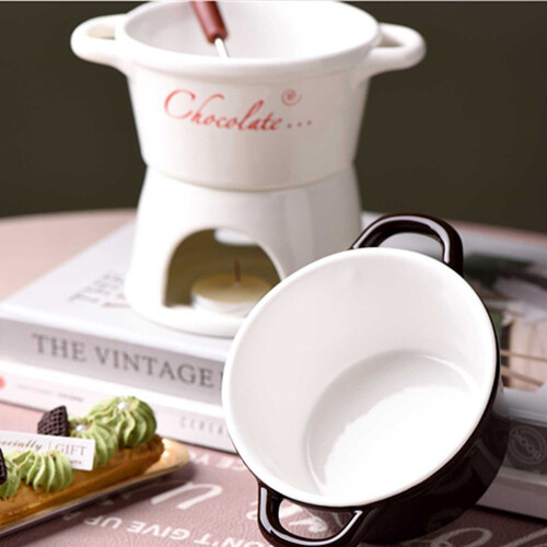 (white, 201300ml) Fondue Cup Set With Ceramic Chafing Dish Fork For Dessert Ceramic 1