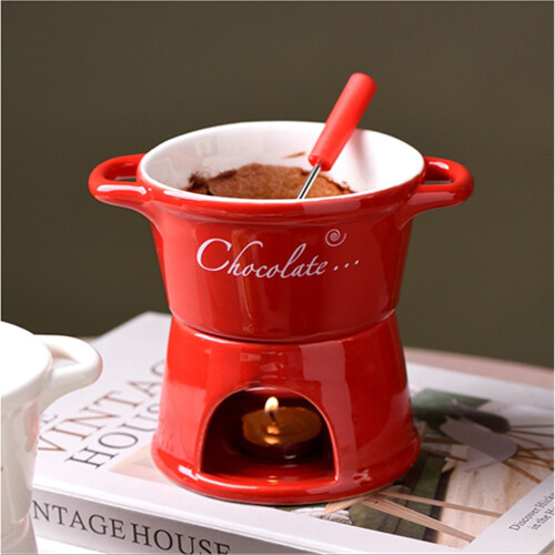 (white, 201300ml) Fondue Cup Set With Ceramic Chafing Dish Fork For Dessert Ceramic 2