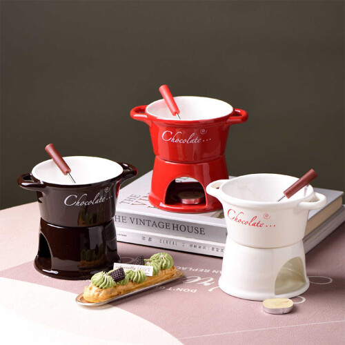 (red, 201300ml) Fondue Cup Set With Ceramic Chafing Dish Fork For Dessert Ceramic 1