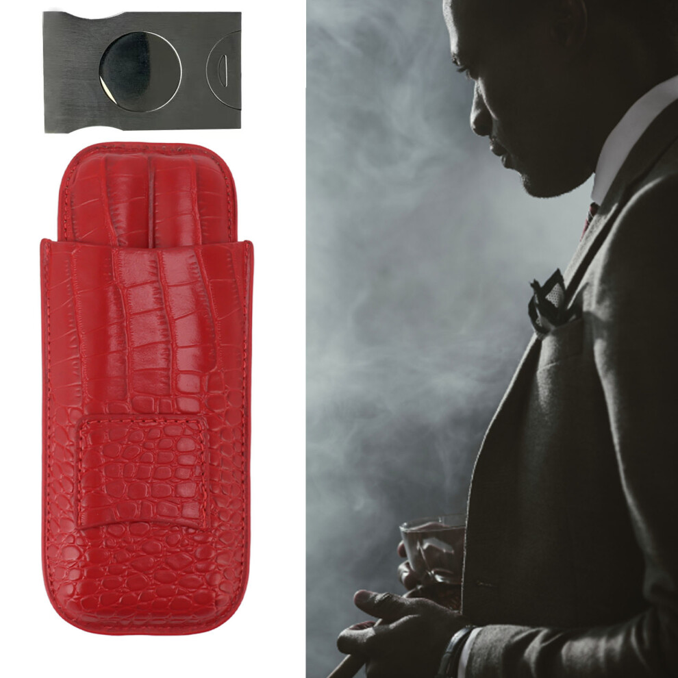 Red Premium Leather 2-Finger Cigar Case Travel Holder, 18X7.5cm